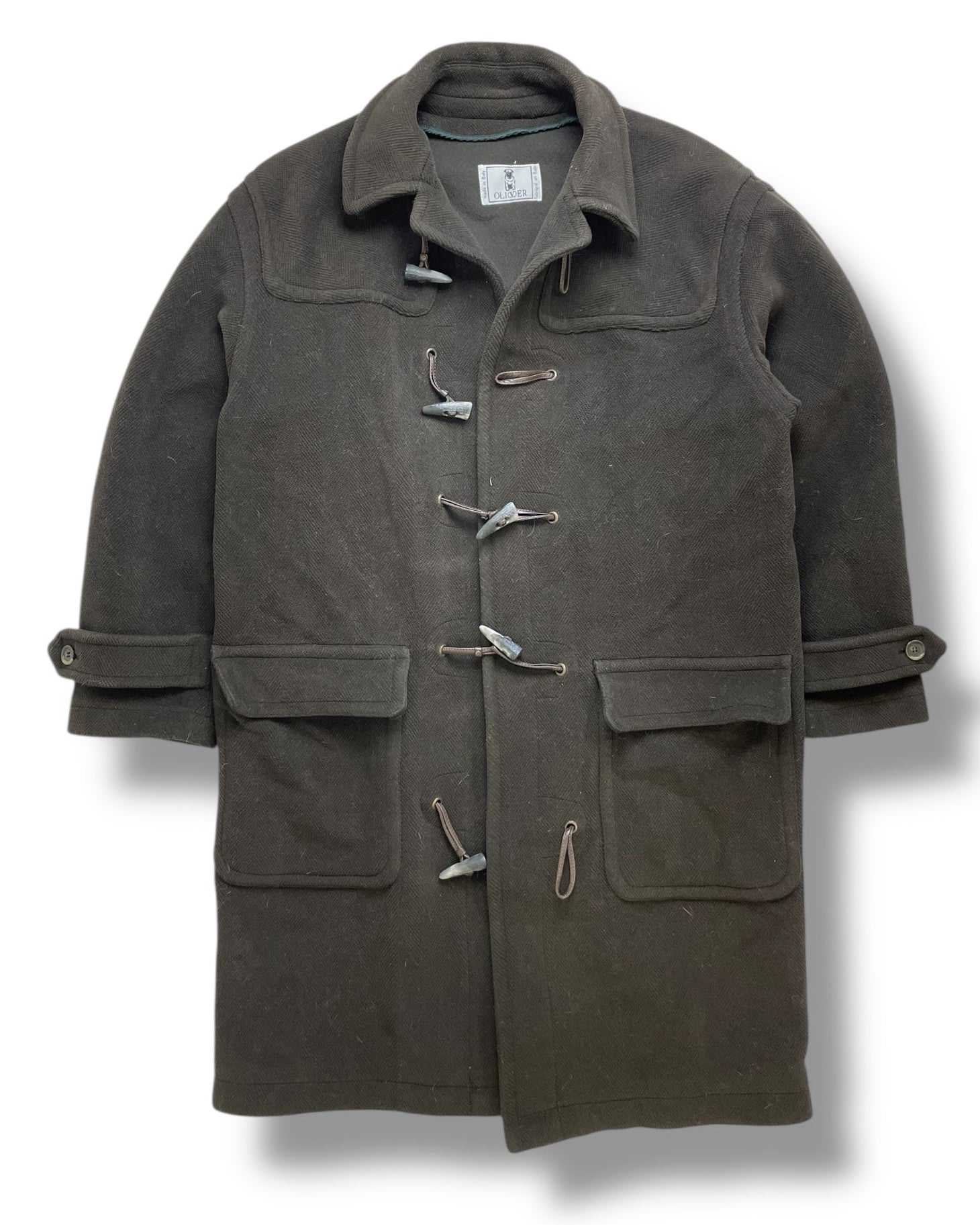 Dark brown/gray duffle coat with button details on a white background