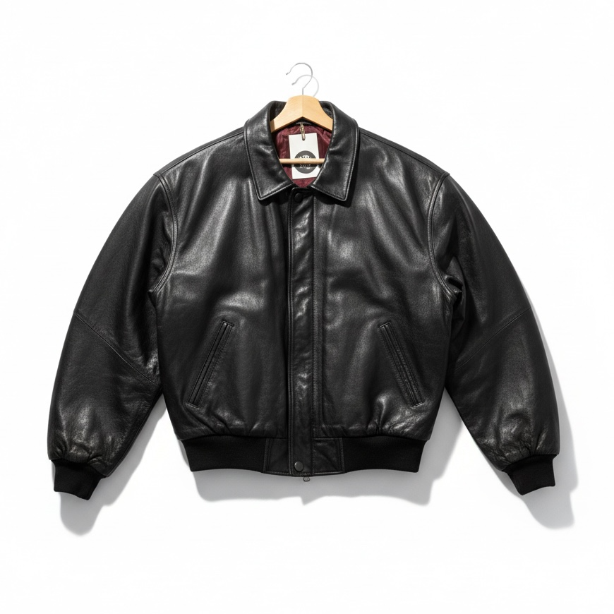 Black leather jacket on a hanger against a white background