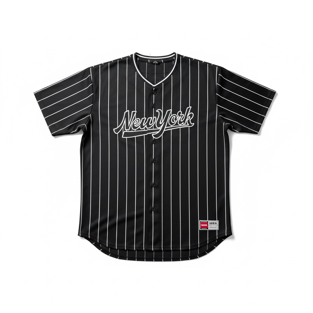 Black pinstripe baseball jersey with 'New York' text on a white background