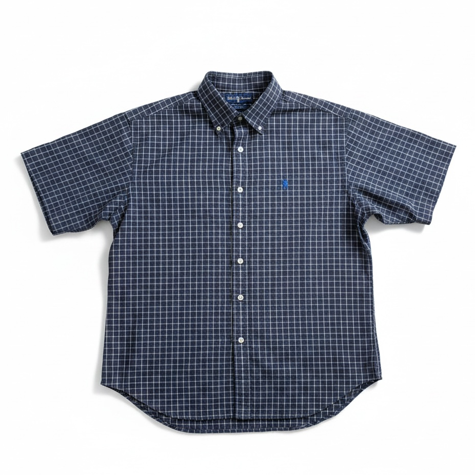 Navy checkered shirt with brand logo on a white background