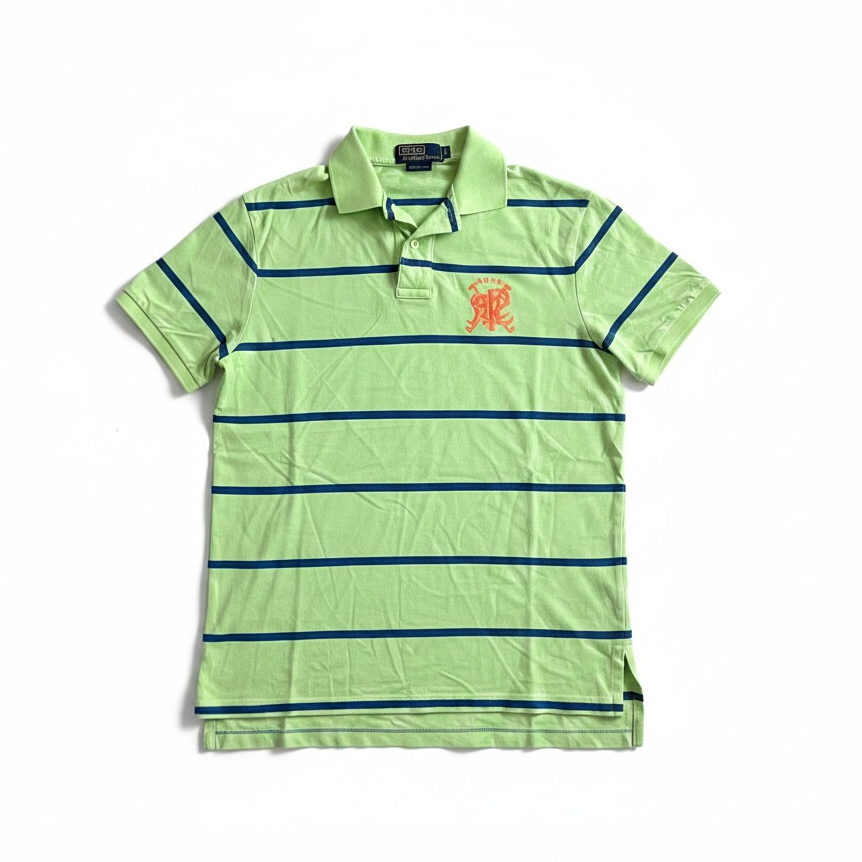 Green striped polo shirt with a logo on a white background