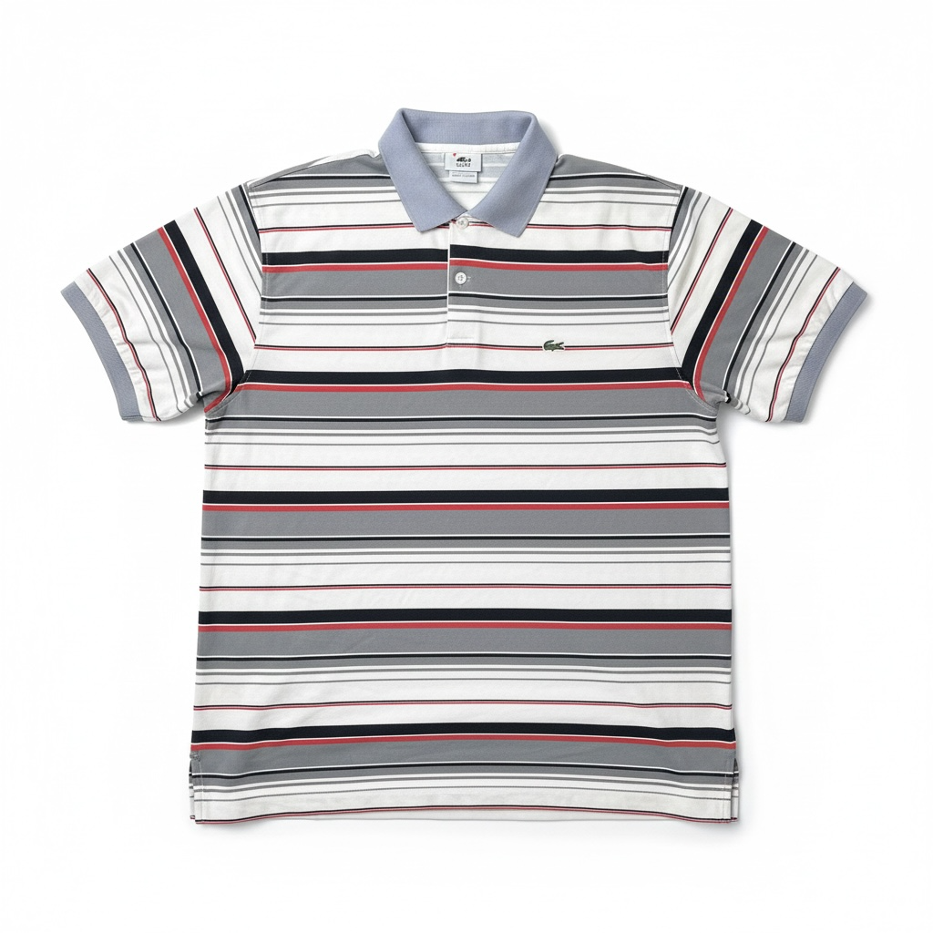 Striped polo shirt with a brand logo on a white background