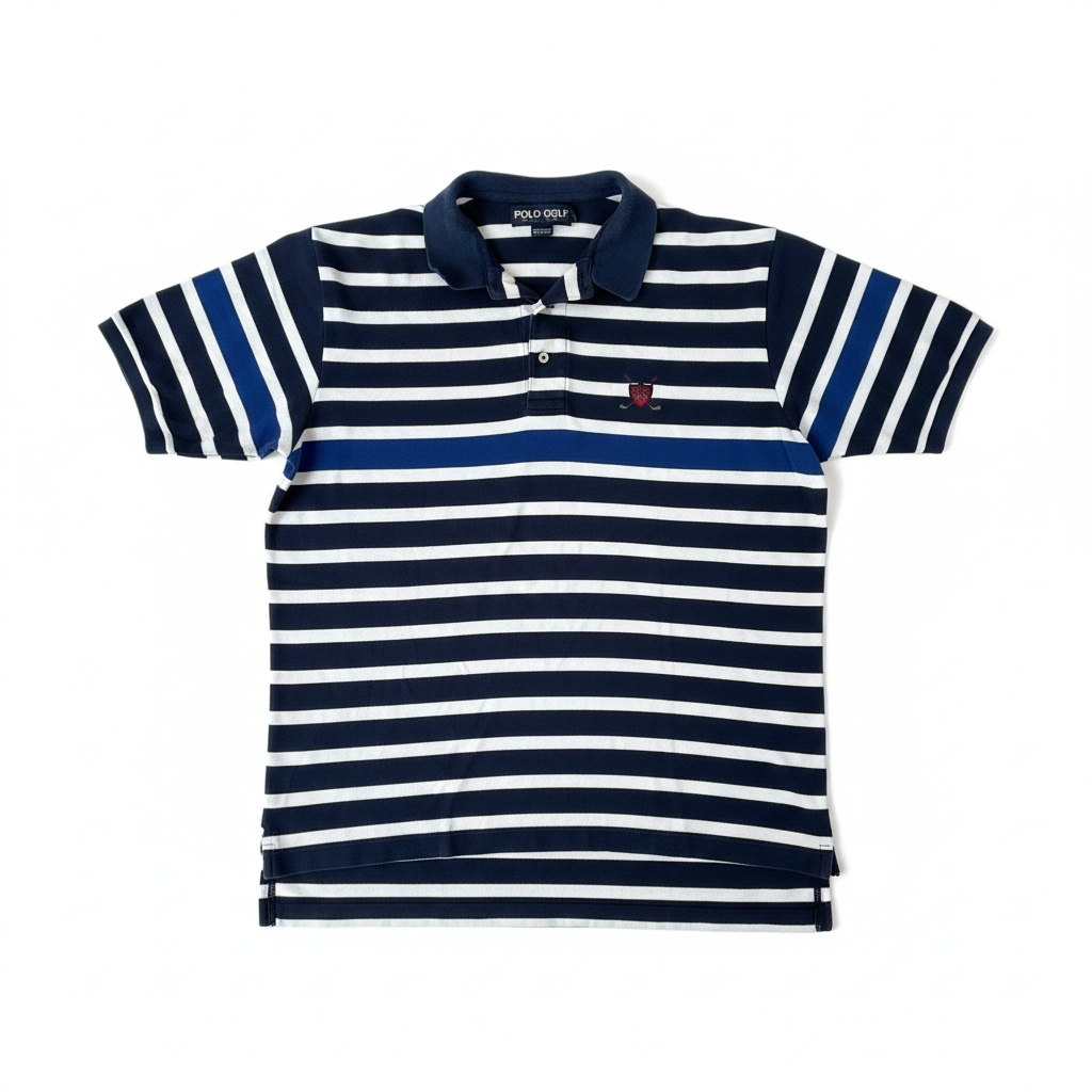 Navy and white striped polo shirt 