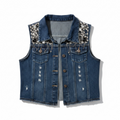Vintage Denim Vest With Pearls