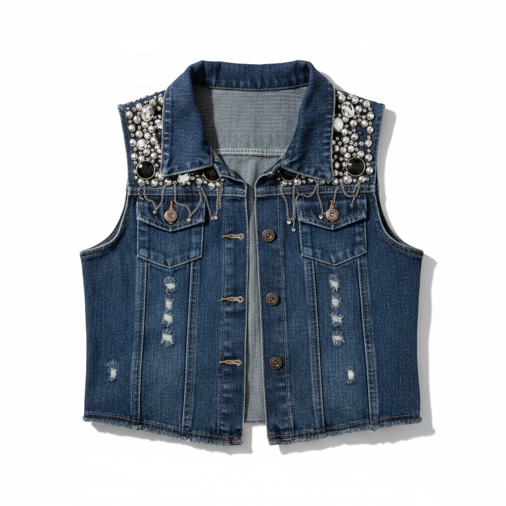 Vintage Denim Vest With Pearls