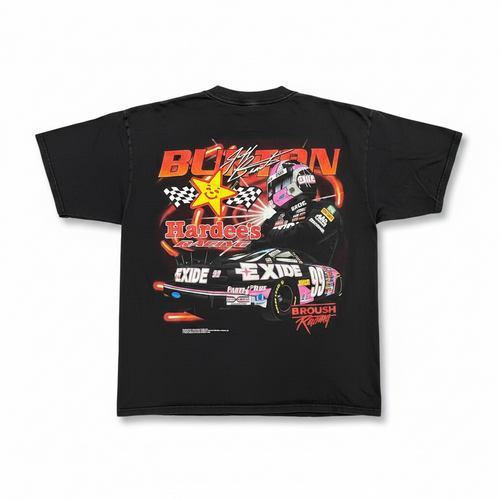 A black short-sleeve graphic T-shirt shown flat against a white background, featuring a large front print with the word 'BOYZ' in orange-red, a yellow star, checkered flags, and a NASCAR-style race car with multiple sponsor logos.