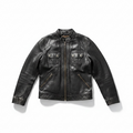 A black distressed leather motorcycle jacket with a front zipper, two buttoned chest flap pockets, and two diagonal zippered hand pockets, displayed flat on a white background.
