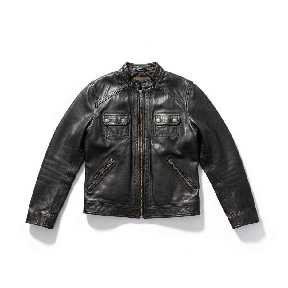 A black distressed leather motorcycle jacket with a front zipper, two buttoned chest flap pockets, and two diagonal zippered hand pockets, displayed flat on a white background.