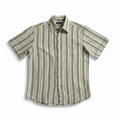 A short-sleeve button-up shirt with vertical stripes in beige, olive green, and brown, laid flat against a white background.