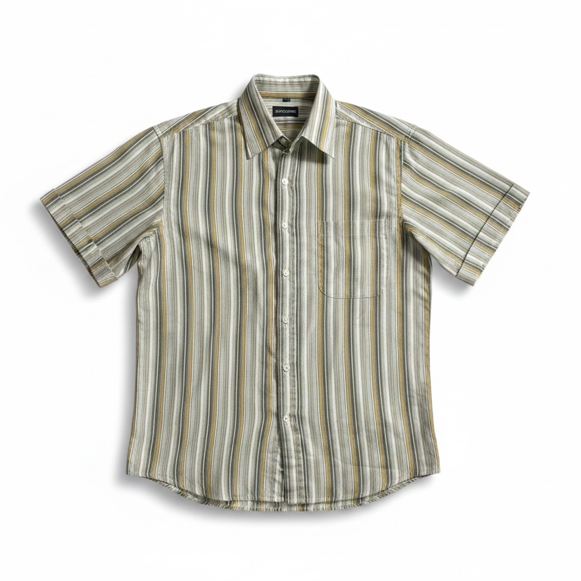 A short-sleeve button-up shirt with vertical stripes in beige, olive green, and brown, laid flat against a white background.
