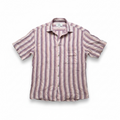A short-sleeve button-up shirt with vertical stripes in dusty pink and muted purple, laid flat against a white background.