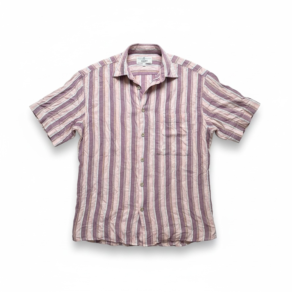 A short-sleeve button-up shirt with vertical stripes in dusty pink and muted purple, laid flat against a white background.