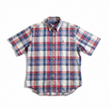 A short-sleeve button-up plaid shirt by Polo Ralph Lauren, featuring a red, blue, and white tartan pattern on a white background.