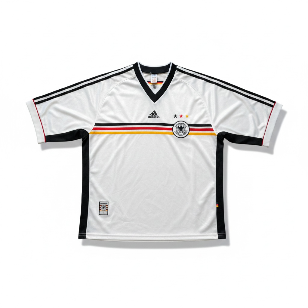 A white Adidas Germany national team soccer jersey with black shoulder stripes, a black V-neck collar, and a horizontal black, red, and yellow stripe across the chest. The jersey features the Adidas logo on the right chest, the German Football Association crest on the left chest, and a small FIFA patch on the lower left hem.