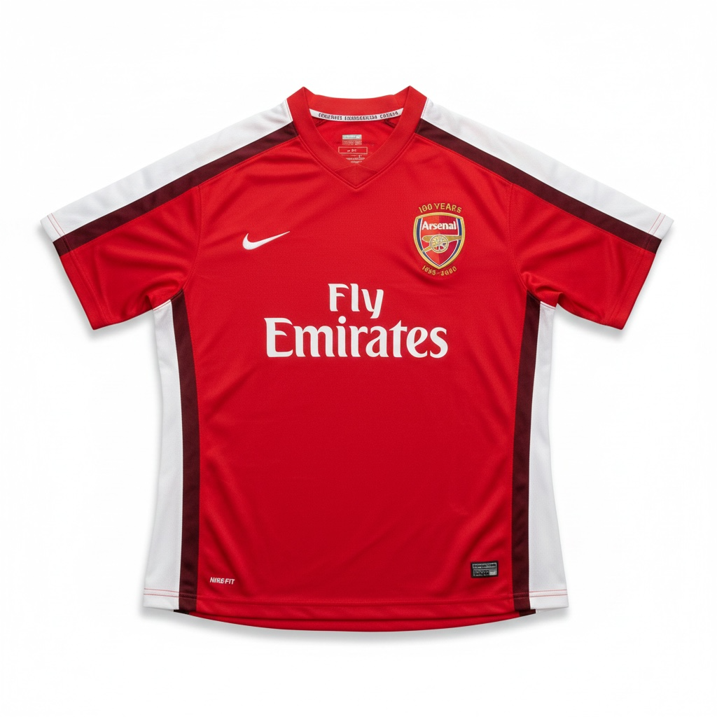 A red Arsenal football jersey with white and dark red accents, featuring the Nike swoosh, Arsenal crest, and Fly Emirates sponsor logo on a white background.