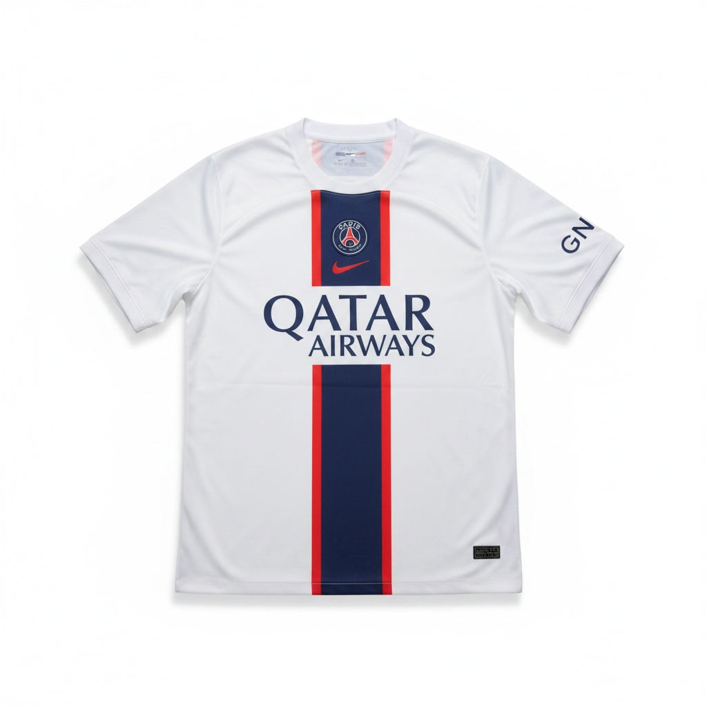 A white Paris Saint-Germain soccer jersey with a vertical navy and red stripe down the center, featuring the 'Qatar Airways' sponsor logo and the club crest on the chest.