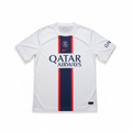 A white Paris Saint-Germain soccer jersey with a vertical navy and red stripe down the center, featuring the 'Qatar Airways' sponsor logo and the club crest on the chest.