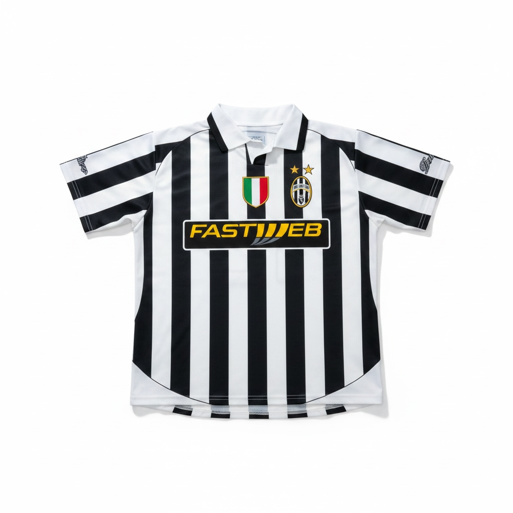 A vintage black and white striped Juventus soccer jersey with a white collar, featuring the 'FAST WEB' sponsor logo on the chest, the club's crest, and the Italian flag crest.