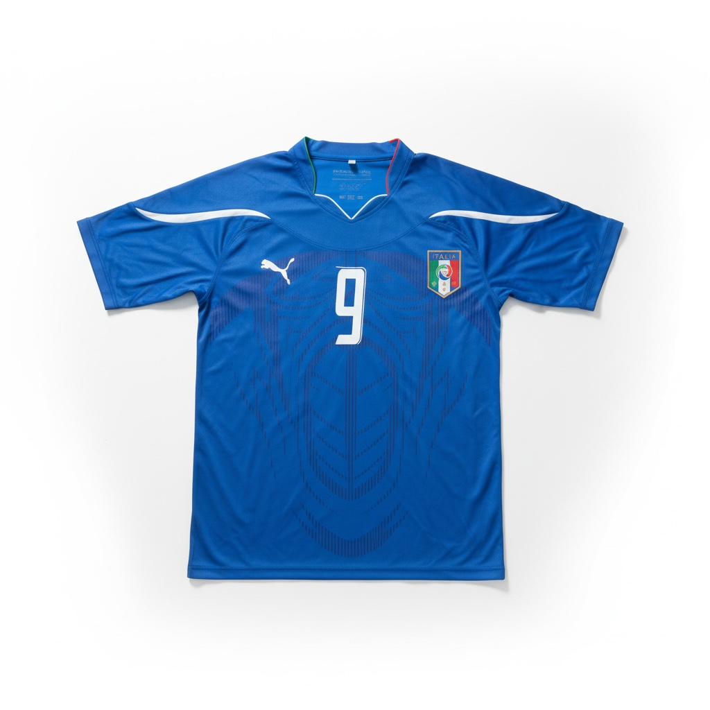 A blue Puma Italy national football team jersey with the number 9 on the front, featuring white Puma branding and the Italian crest.