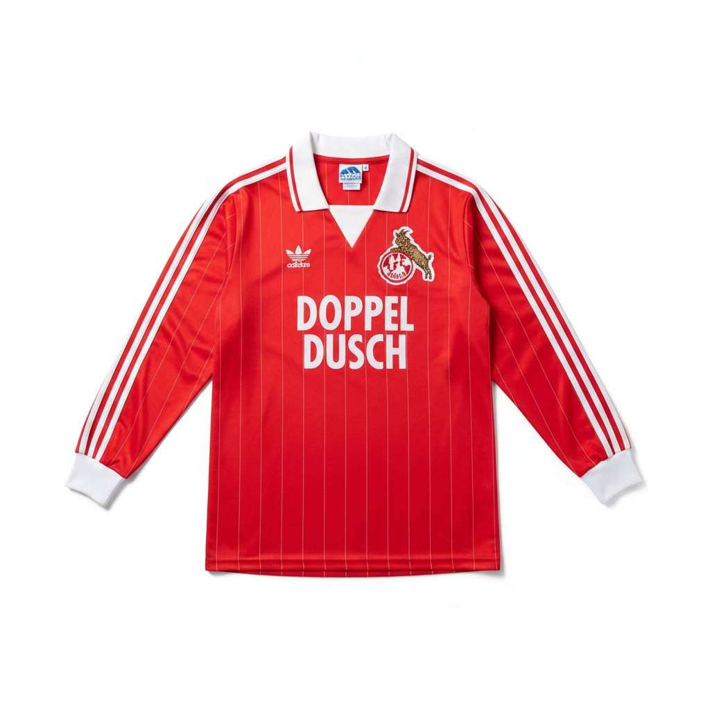 A red long-sleeve soccer jersey with white pinstripes, a white V-neck collar, and white shoulder stripes. The front features the Adidas logo, the VfB Leipzig club crest, and the sponsor text 'Doppel Dusch' in white.