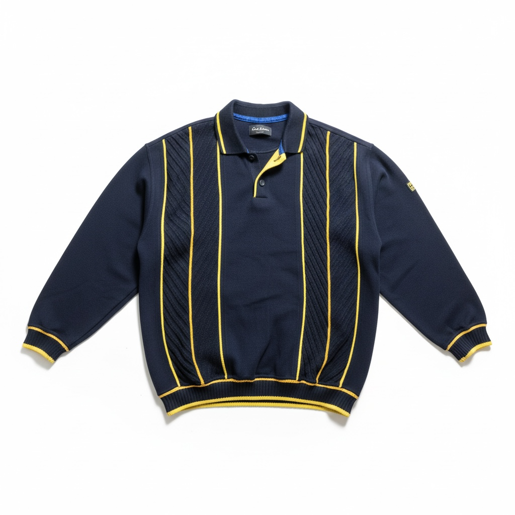 A navy blue knit polo sweater with yellow piping and vertical textured stripe panels, laid flat on a white background.