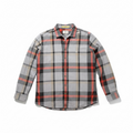 A long-sleeve plaid button-up shirt in gray, black, and red-orange tones, laid flat against a white background.