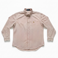 A long-sleeve button-down shirt in a fine pink and white gingham check pattern, featuring a small embroidered polo player logo on the left chest, laid flat against a white background.