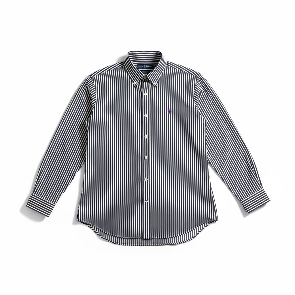 A long-sleeve button-down shirt with vertical navy and white stripes, featuring a small embroidered polo player logo on the left chest, displayed on a clean white background.