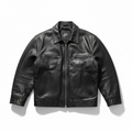 A black leather aviator-style jacket with a front zipper, two zippered chest pockets, and two vertical zippered hand pockets, shown on a clean white background.