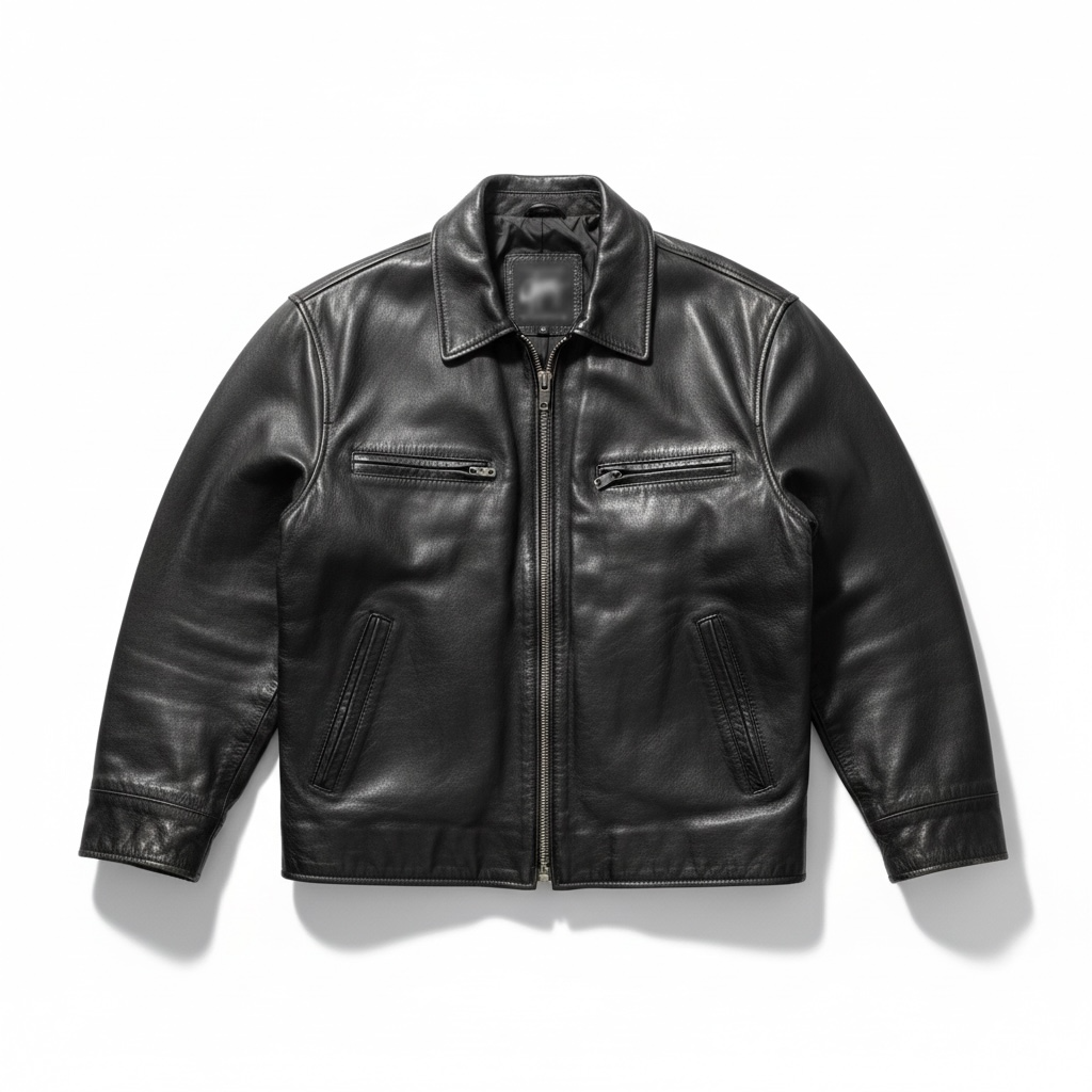 A black leather aviator-style jacket with a front zipper, two zippered chest pockets, and two vertical zippered hand pockets, shown on a clean white background.