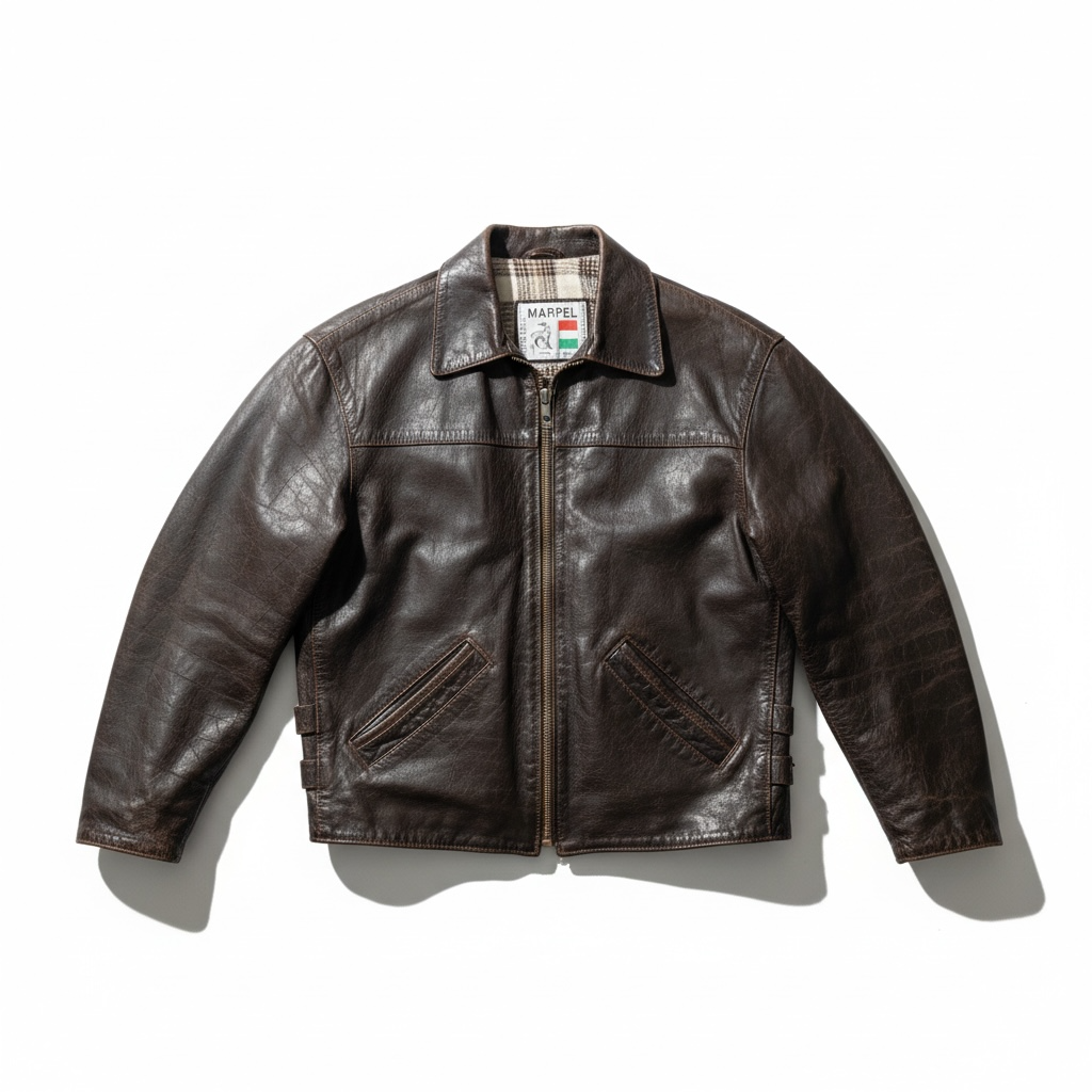 A dark brown leather jacket with a front zipper, collar, and two diagonal welt pockets, laid flat on a white background with a soft shadow.