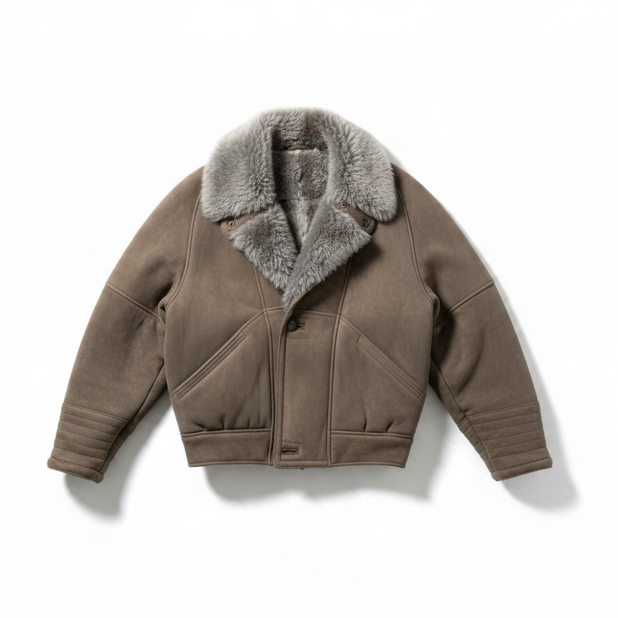 A brown shearling-lined aviator jacket with a gray faux-fur collar, laid flat on a white background.